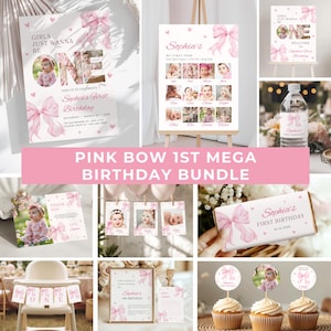 May include: A collection of pink birthday party decorations featuring a bow theme. Includes invitations, a welcome sign, water bottle labels, cupcake toppers, and a banner. The text "Sophia's First Birthday" is visible.