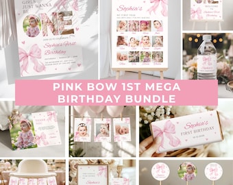 Pink Bow First Birthday Bundle | Girls Just Wanna Be One, Canva Editable