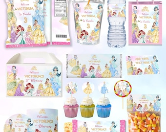 Editable 13 Princess Party Favour Bundle| 13 Pieces Party Favors Bundlle| Princess Theme Party| Watercolor Princess Birthday| Canva Template