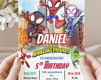 Superhero Birthday Invitation | Cartoon Avengers, Spider-Verse (Canva Template)