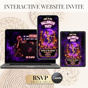 Pode incluir: Um convite digital interativo para uma festa de Halloween exibido num portátil, smartphone e tablet. Os ecrãs mostram um esqueleto de cartola, fumo roxo, abóboras e o texto "Come to our Halloween party" e "We are dying to party with you".