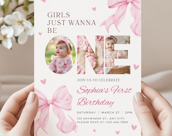 Editable Pink Bow First Birthday Invitation| Coquette Birthday Invite| Photo Birthday Invitation| First Birthday Invite| Canva Template