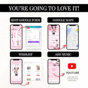 K&ouml;nnte beinhalten: Eine digitale Einladungsvorlage mit Minnie Mouse-Grafiken in Pink. Das Layout zeigt Handybildschirme mit RSVP-Google-Formularen, Google Maps-Integration, einer Wunschliste f&uuml;r Geschenke und einem YouTube-Musikplayer mit einem Countdown-Timer.