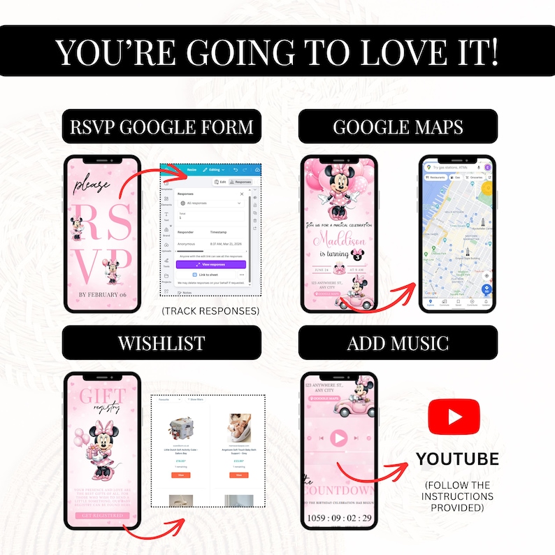 K&ouml;nnte beinhalten: Eine digitale Einladungsvorlage mit Minnie Mouse-Grafiken in Pink. Das Layout zeigt Handybildschirme mit RSVP-Google-Formularen, Google Maps-Integration, einer Wunschliste f&uuml;r Geschenke und einem YouTube-Musikplayer mit einem Countdown-Timer.