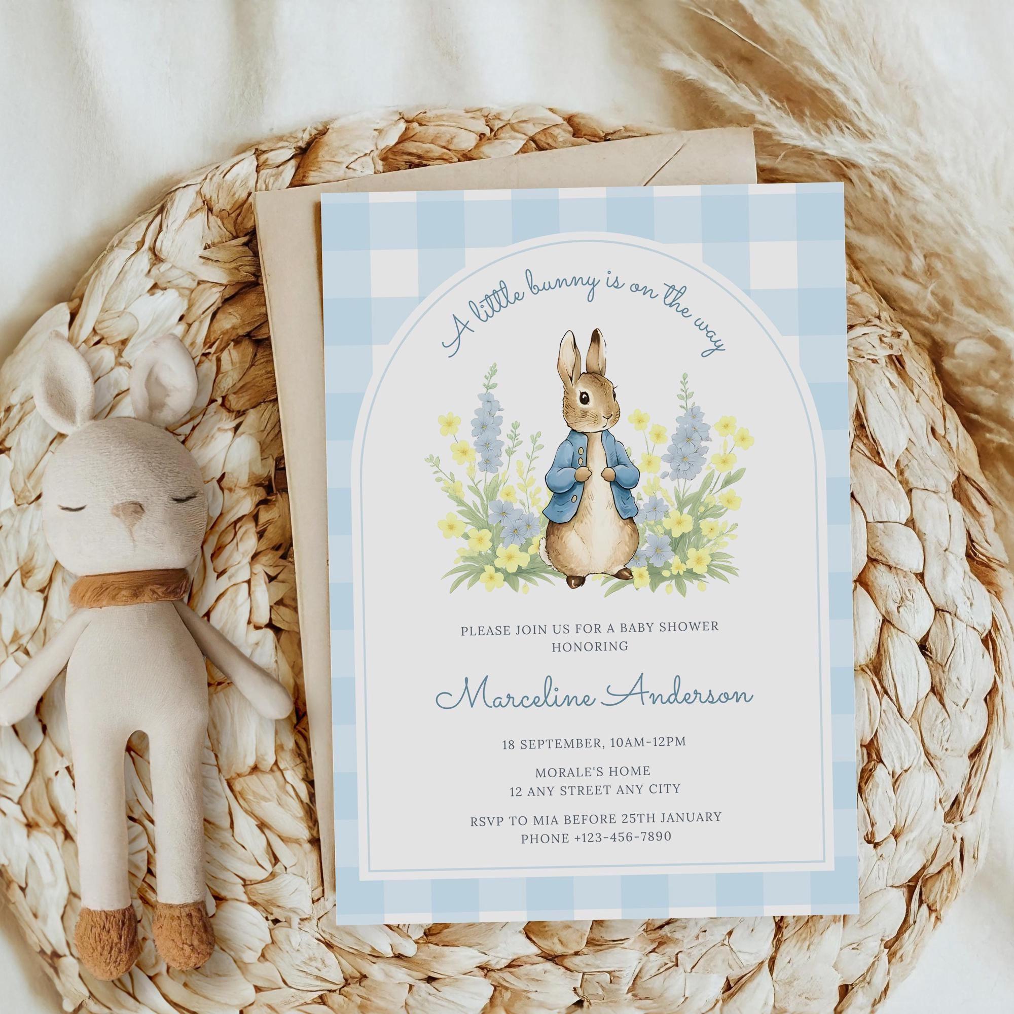 Editable Peter Rabbit Baby Shower Invitation| Blue Bunny Baby Shower ...
