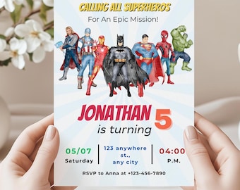 Editable Superhero Birthday Invitation| Superhero Birthday Invite| Avengers Birthday Party| Spiderman Batman Invite| Boys Invitation| Canva