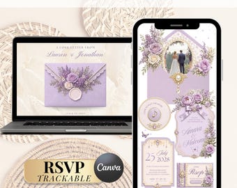 Modello di sito web RSVP per matrimonio di lusso color lilla modificabile/ Invito di matrimonio color lavanda con RSVP tracciabile/ Canva