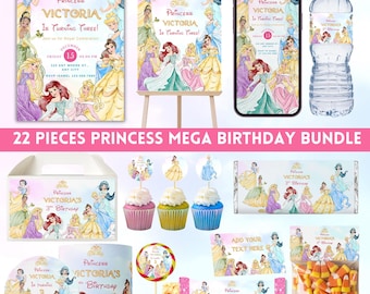 Editable Princess Mega Birthday Bundle| Princess Invitation| Princess Theme Birthday| Party Favors| Birthday Bundle| Princess Canva Template