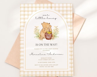 Editable Classic Winnie The Pooh Baby Shower| Gingham Winnie Pooh Baby Shower| Gender Neutral Baby Shower Invite| Winnie The Pooh| Canva