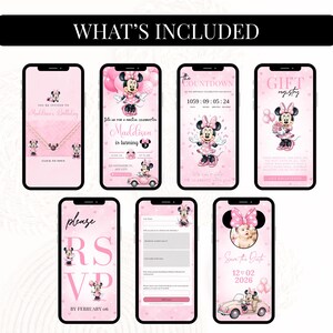 K&ouml;nnte beinhalten: Sieben Smartphone-Bildschirme zeigen eine digitale Geburtstagseinladung in Rosa mit Minnie-Maus-Illustrationen. Die Bildschirme enthalten Texte wie You're Invited, The Countdown, Gift Registry und RSVP sowie Grafiken von Luftballons, einem Auto und einem Fotorahmen.