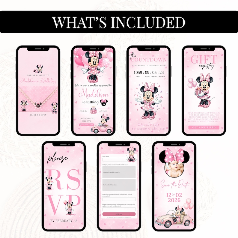 K&ouml;nnte beinhalten: Sieben Smartphone-Bildschirme zeigen eine digitale Geburtstagseinladung in Rosa mit Minnie-Maus-Illustrationen. Die Bildschirme enthalten Texte wie You're Invited, The Countdown, Gift Registry und RSVP sowie Grafiken von Luftballons, einem Auto und einem Fotorahmen.