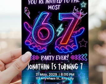 Editable 6-7 Birthday Invitation| Six Seven Birthday Invite| 6-7 Meme| Six Seven Brainrot Birthday Template| 6-7 Neon Invite| Canva Template