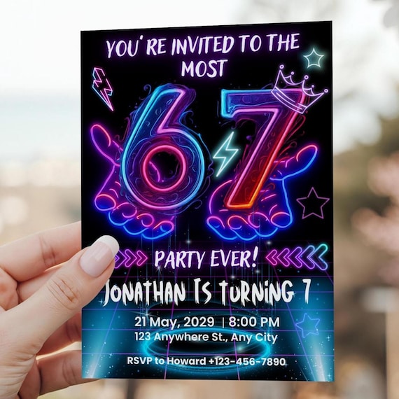 Editable 6-7 Birthday Invitation| Six Seven Birthday Invite| 6-7 Meme| Six Seven Brainrot Birthday Template| 6-7 Neon Invite| Canva Template