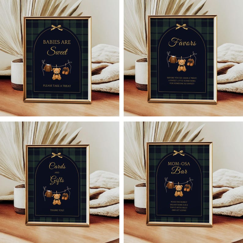 May include: Four framed signs with gold trim, featuring a dark green and navy plaid background. Each sign has a different message in gold script, with a teddy bear and baby clothes graphic. The signs are for a baby shower.