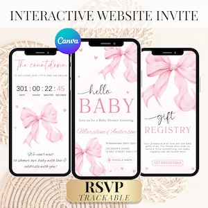 Może przedstawiać: Trzy smartfony wyświetlają zaproszenie na baby shower. Projekt zawiera różowe kokardy, serca oraz słowa "hello BABY" i "gift REGISTRY". Jeden telefon pokazuje odliczanie czasu. Zaproszenie zawiera RSVP i Google Maps.