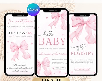Editable Pink Bow Baby Shower RSVP Invitation| Interactive Baby Shower Website| Coquette Baby Shower invite| Trackable RSVP| Pink Bow| Canva