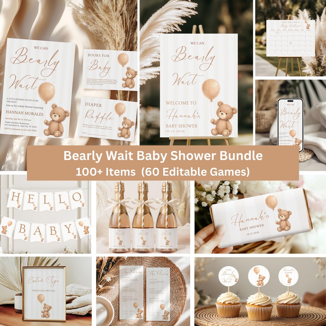 Editable Neutral Teddy Bear Baby Shower Bundle| We Can Bearly Wait Baby ...