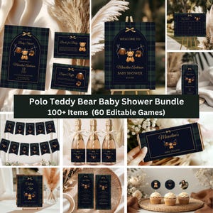 May include: A baby shower bundle with a polo teddy bear theme. The bundle includes invitations, signs, banners, and cupcake toppers. The color scheme is navy blue and green plaid with gold accents. The text includes "Baby Shower" and "Marceline Andersen".