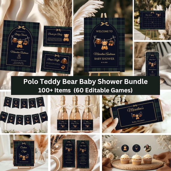 Editable Luxury Polo Teddy Bear Baby Shower Bundle| Polo Baby Shower Bundle| Vintage Polo Invitation| Ralph Lauren Baby Shower Bundle| Canva
