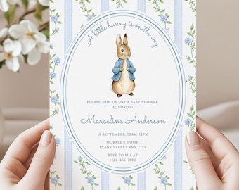 Editable Peter Rabbit Baby Shower Invitation| Floral Peter Rabbit Shower| Blue Bunny Baby Shower| Vintage Bunny Invite| Little Bunny| Canva