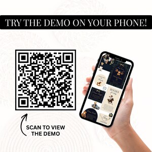 May include: A smartphone displays a demo of a product, held by a hand. The screen shows various design elements, including text and graphics. A QR code and the text "SCAN TO VIEW THE DEMO" are also visible. The text "TRY THE DEMO ON YOUR PHONE!" is at the top.