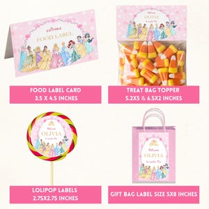May include: Pink princess-themed party supplies, including a food label card (3.5 x 4.5 inches), treat bag topper, lollipop labels (2.75x2.75 inches), and a gift bag label (5x8 inches). Each item features princess illustrations and the name "Olivia".