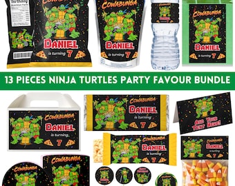 Editable Ninja Turtle Party Favors Bundle| 13 Pieces Party Favor Items| Mutant Ninja Turtle Birthday Party| Chip Bag Label| Canva Template