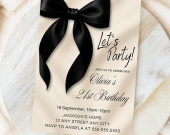 Editable Black Bow Birthday Invitation| Satin Bow Invite| Black Coquette Invitation| Bow Birthday Invitation| Coquette Party Invite| Canva