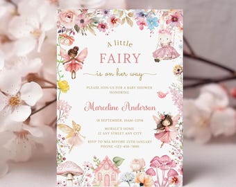 Invitación editable para baby shower de hadas/Invitación para baby shower de hadas con acuarela/Baby shower de hadas con flores rosas/Plantilla para baby shower de niña/Canva
