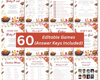 Pacchetto di giochi per baby shower modificabili / Set di 60 giochi / Giochi a tema barbecue / Modelli Canva