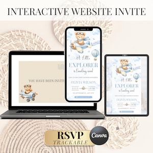 May include: An interactive website invite with a baby shower theme. The design features a teddy bear in a biplane, with the text "A Little Explorer is Landing Soon!" displayed on a phone, tablet, and laptop screen. The invite includes RSVP and Canva logos.