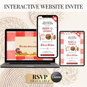 Op de afbeelding: Een interactieve website-uitnodiging voor een Baby-Q-shower, weergegeven op een laptop, smartphone en tablet. Het ontwerp bevat een rood-wit geblokt patroon, barbecue-illustraties en evenementdetails, inclusief de naam Olivia Wilson.