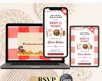 Sito web interattivo modificabile per baby shower a tema barbecue/ Invito per baby shower con conferma di partecipazione/ Panini in forno, hamburger alla griglia/ Canva