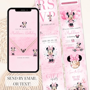 K&ouml;nnte beinhalten: Eine digitale Geburtstagseinladungsvorlage mit Minnie Mouse in Rosat&ouml;nen. Das Design enth&auml;lt Text wie You're Invited to Maddison's Birthday, RSVP, The Countdown und Gift Registry sowie Illustrationen von Minnie Mouse und Luftballons.