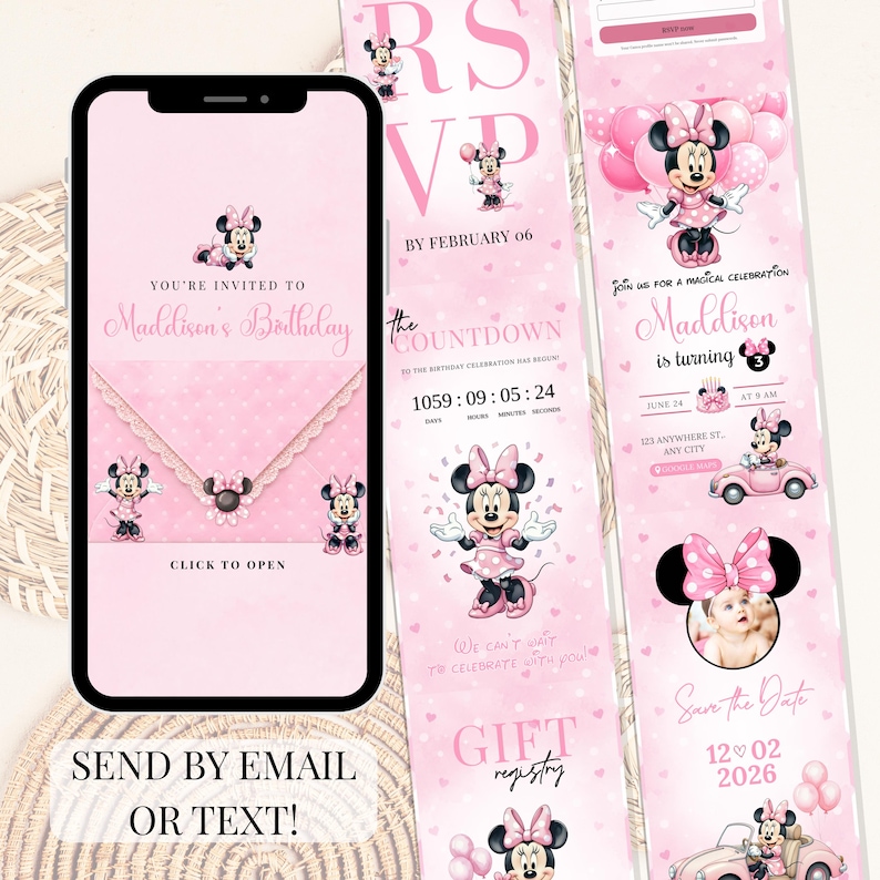 K&ouml;nnte beinhalten: Eine digitale Geburtstagseinladungsvorlage mit Minnie Mouse in Rosat&ouml;nen. Das Design enth&auml;lt Text wie You're Invited to Maddison's Birthday, RSVP, The Countdown und Gift Registry sowie Illustrationen von Minnie Mouse und Luftballons.