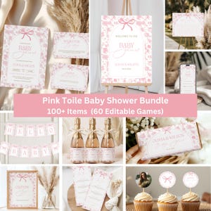 Può includere: Un pacchetto baby shower rosa toile con oltre 100 articoli, tra cui 60 giochi modificabili. Il set include inviti, cartelli di benvenuto, decorazioni per cupcake e bottiglie di champagne con etichette personalizzate. Il design presenta motivi floreali e fiocchi.