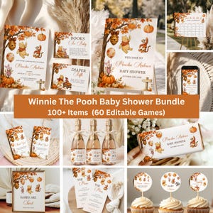 May include: A Winnie the Pooh themed baby shower stationery bundle featuring illustrations of Pooh, Piglet, and Tigger with pumpkins and autumn leaves. Includes invitations, welcome signs, thank you tags, bottle labels, and cupcake toppers.