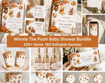 Winnie The Pooh Fall Baby Shower Bundle – 100+ Editable Items | Fall Baby Shower | Gender Neutral Baby Shower