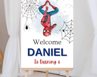Editable Spiderman Welcome Sign| Watercolor Spiderman Sign| 3 Sizes 16x20, 18x24, 24x36 Inches| Spiderman Theme Birthday| Canva Template