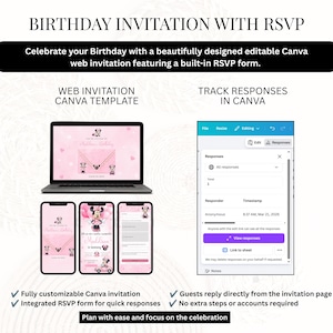 K&ouml;nnte beinhalten: Eine digitale Geburtstagseinladung als Canva-Vorlage mit einem rosa Minnie-Maus-Thema. Die Darstellung zeigt einen Laptop und drei Smartphones mit dem Einladungsdesign sowie eine Schnittstelle zur Verfolgung der RSVP-Antworten.