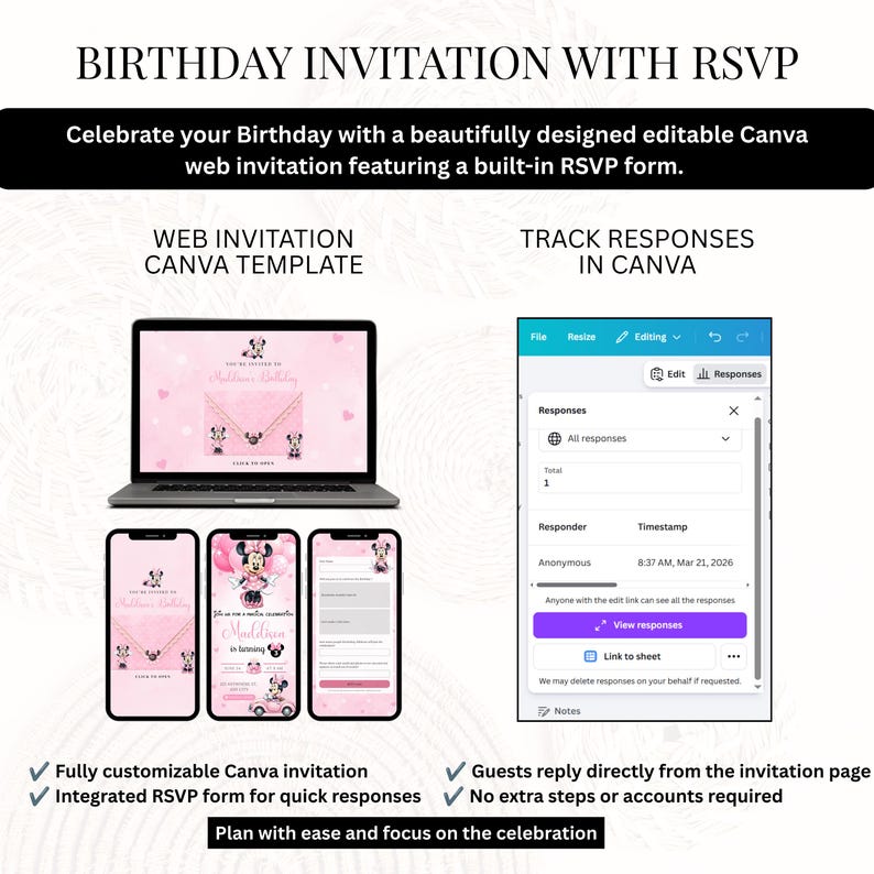K&ouml;nnte beinhalten: Eine digitale Geburtstagseinladung als Canva-Vorlage mit einem rosa Minnie-Maus-Thema. Die Darstellung zeigt einen Laptop und drei Smartphones mit dem Einladungsdesign sowie eine Schnittstelle zur Verfolgung der RSVP-Antworten.