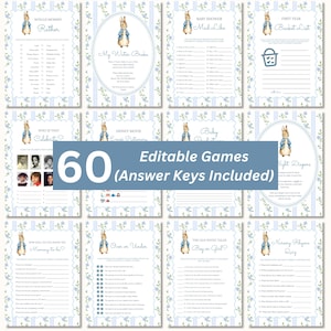Puede incluir: Un conjunto de 60 juegos editables para baby shower con claves de respuestas, con el tema de Peter Rabbit. Los juegos tienen un diseño floral azul y blanco con varios títulos e indicaciones.