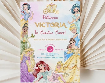 Editable Princess Birthday Invitation| Princess Birthday Invite| Princess Birthday Party Invite| All Princess Invite| Canva Template