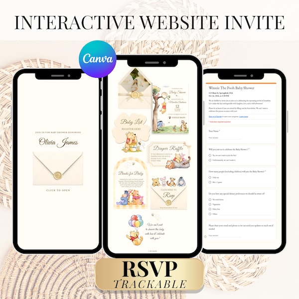 Editable Winnie The Pooh Baby Shower RSVP Invitation| Digital Evite with RSVP| Winnie Pooh Trackable RSVP Invitation| Gender Neutral| Canva