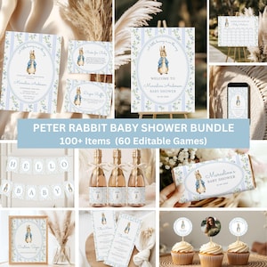 May include: A Peter Rabbit baby shower bundle featuring invitations, signs, and games. The designs include a blue and white colour scheme with floral accents. The bundle includes cupcake toppers, banners, and champagne bottles. The text reads "Peter Rabbit Baby Shower Bundle".