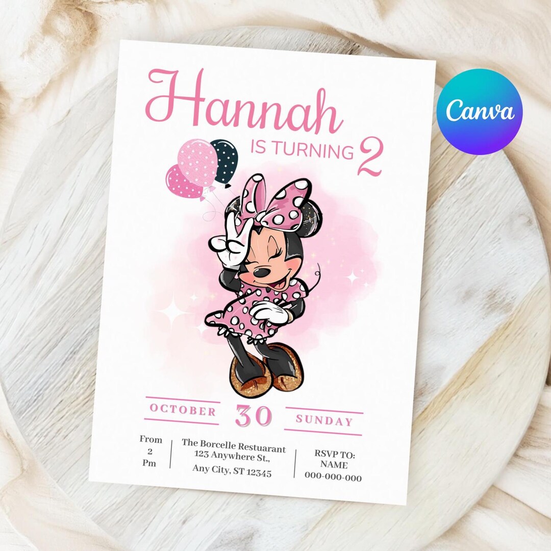 Pink Minnie Mouse Birthday Invitation | Editable Canva Template - Etsy
