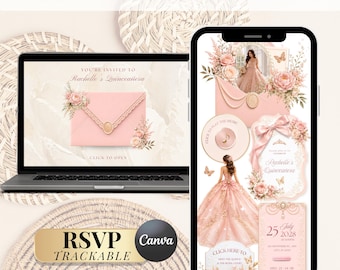 Editable Luxury Blush Pink Quinceañera Interactive Website Invitation| Sweet 16 Digital Invite| Canva Template