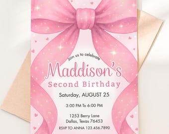 Watercolor Pink Bow Birthday Invitation | Girls Party (Canva Editable, Digital Download)