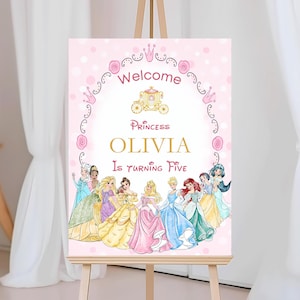 Redigerbar välkomstskylt för prinsessa | Prinsessfödelsedagsskylt | Prinsess-temafest | Välkomstskylt 3 storlekar 16x20, 18x24, 24x36 tum | Canva-länkar