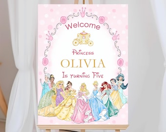 Editable Princess Welcome Sign| Princess Birthday Sign| Princess Theme Party| Welcome Sign 3 Sizes 16x20, 18x24, 24x36 Inches| Canva Links